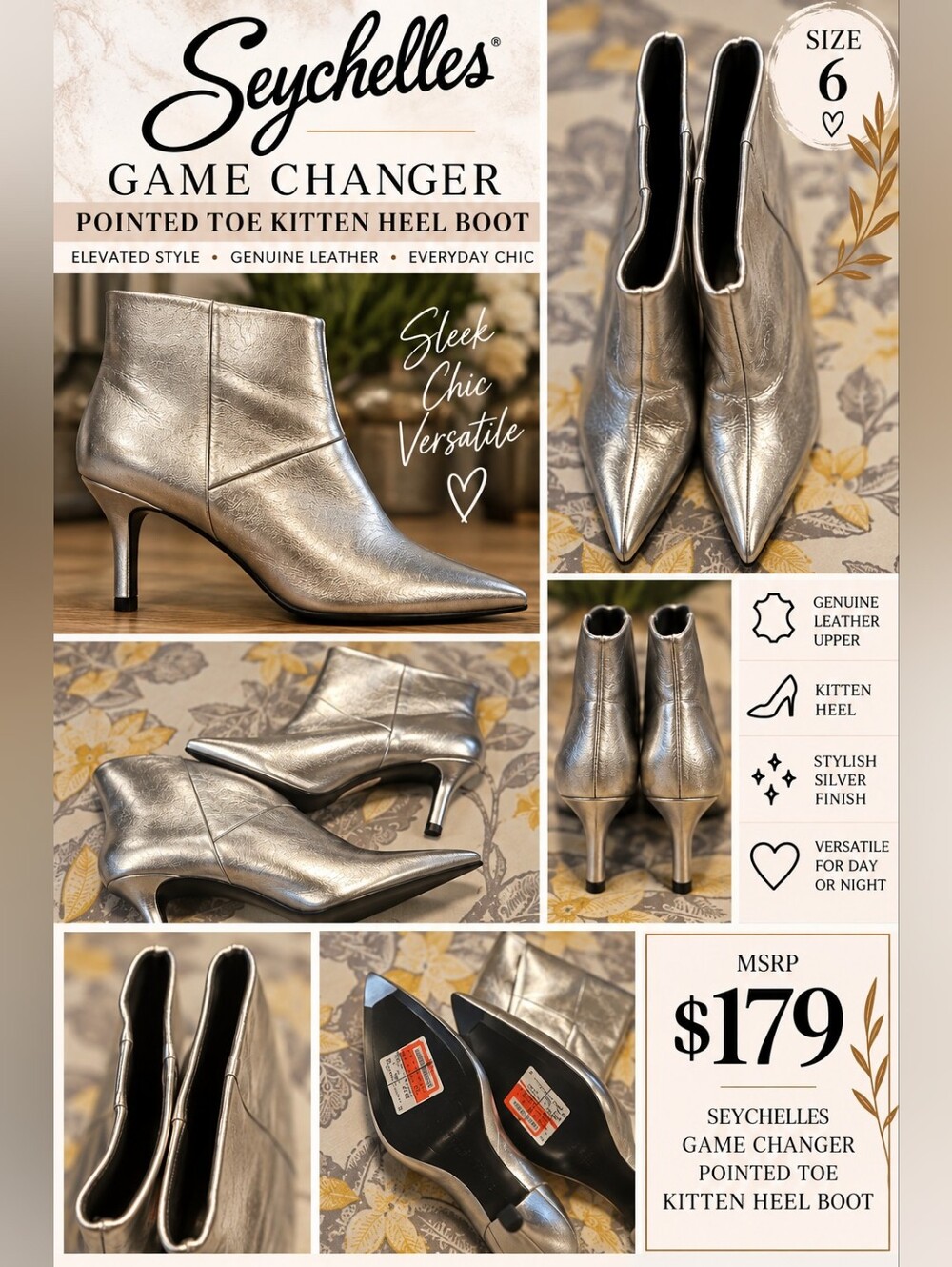 Seychelles Metallic Silver Pointed-Toe Kitten Heel Ankle Boots NWOB